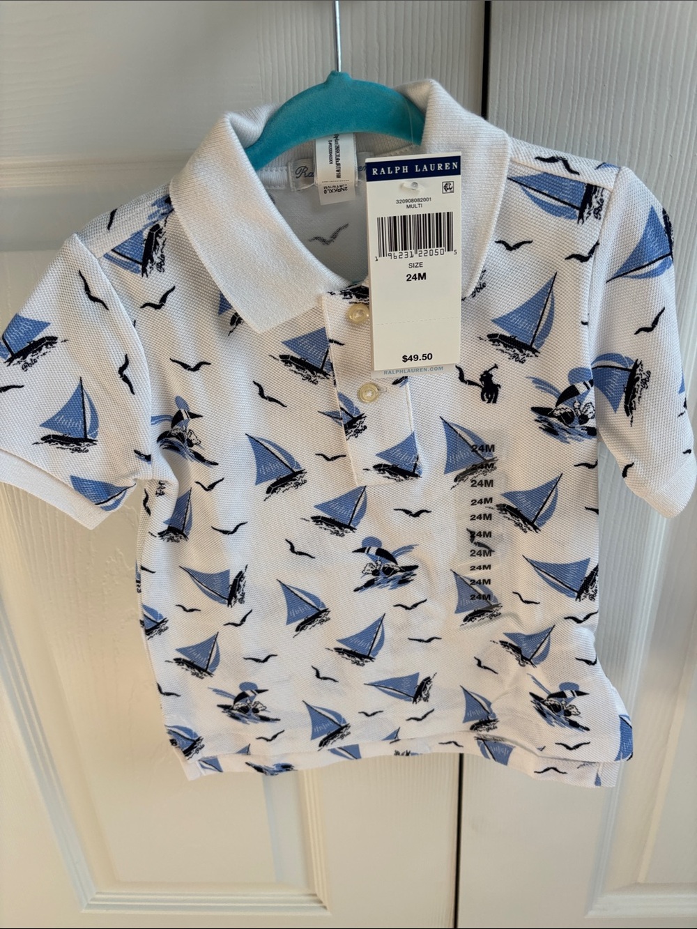 Ralph Lauren White Polo with Blue Sailboat Print - Kids